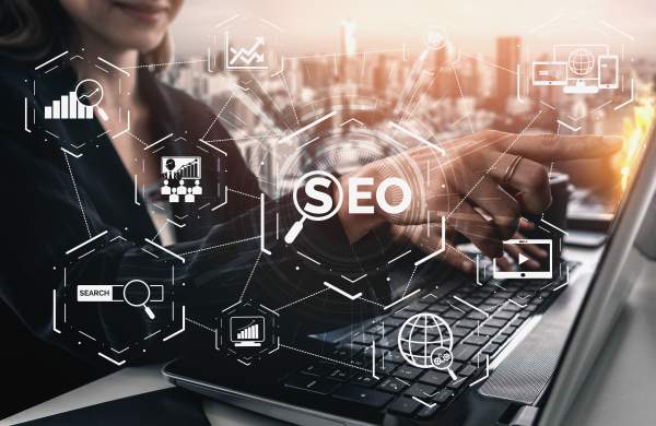 SEO - Search Engine Optimization for Online Marketing. Modern graphic interface showing symbol of keyword research website promotion by optimize customer searching and analyze market strategy.