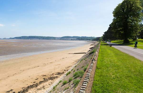 Swansea Bay with a grassy area and path running alongside it.
