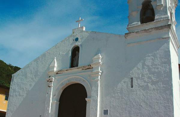 view of the white facade of St. Peter's Church on Taboga Island