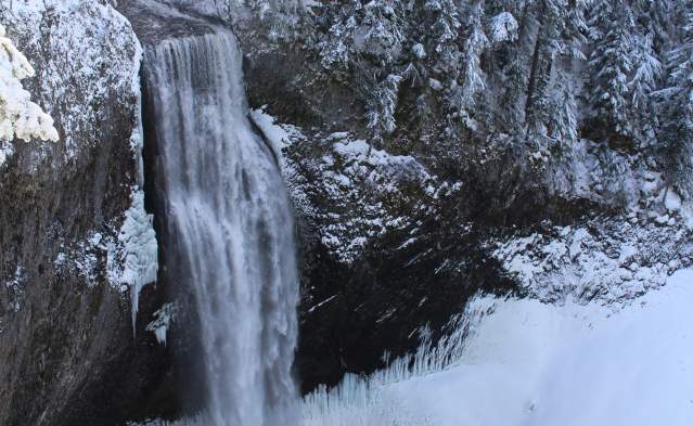 A plunging waterfall pours down into an icy basin with snow covered trees surrounding it.