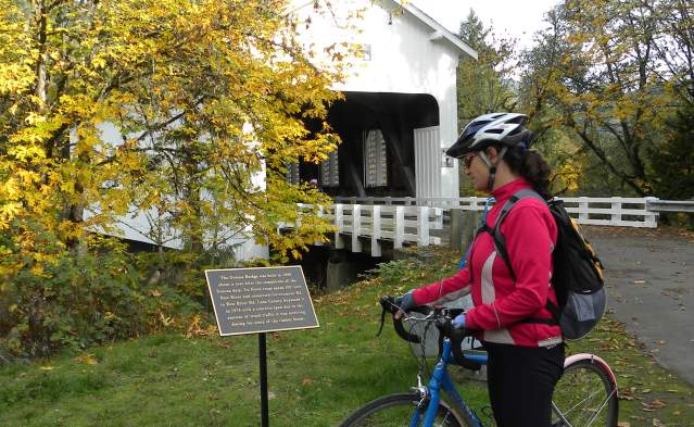 Covered Bridges Scenic Bikeway Sign in Fall by Natalie Inouye
