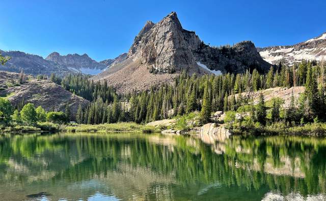View of the mountain reflected in Lake Blanche