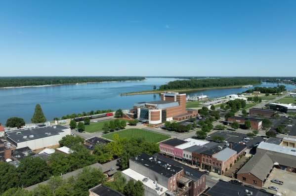 An aerial view of downtown Paducah with the Ohio and Tennessee rivers in the background.