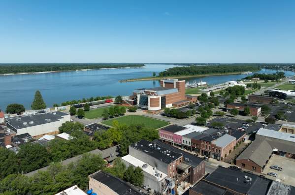 An aerial view of downtown Paducah with the Ohio and Tennessee rivers in the background.