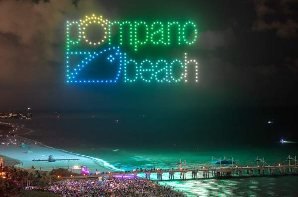 Pompano Beach logo created by drones over the ocean north of the Fisher Family Pier