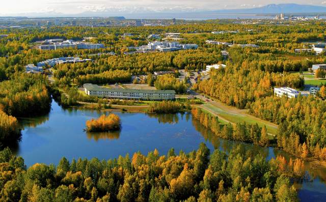 Springhill Suites University Lake aerial with Mount Susitna