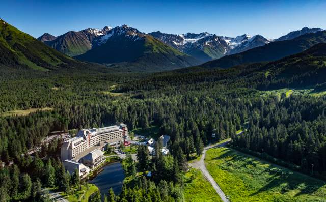 Aerial view of Alyeska Resort, Girdwood valley and glaciers