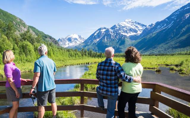Eagle River Nature Center viewing platform in a mountain valley within Alaska's Chugach State Park, just 40 minutes from Anchorage.
