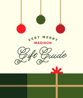A graphic image of gifts and holiday patterns with the words Very Merry Madison Gift Guide in the middle