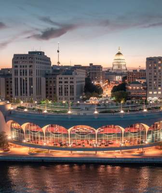 Monona Terrace and Madison skyline at night