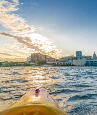 Sunset over downtown Madison from a kayaker's perspective