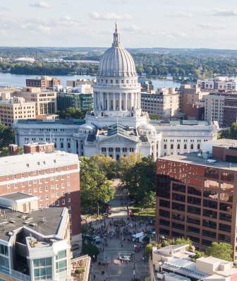 An aerial view of the State Capitol and downtown Madison.