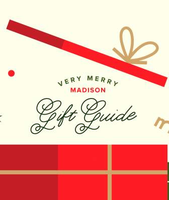 A graphic of holiday presents and words saying Very Merry Madison Gift Guide