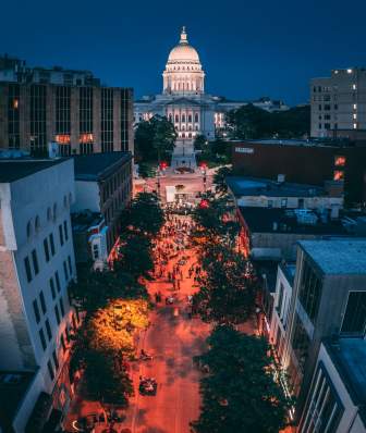 Aerial view of downtown Madison at night