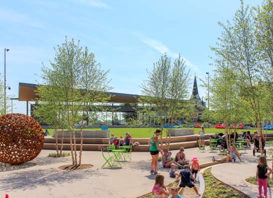 kids playing an a large urban park