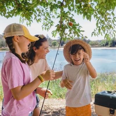 mother with children fishing at Atascadero Lake Park