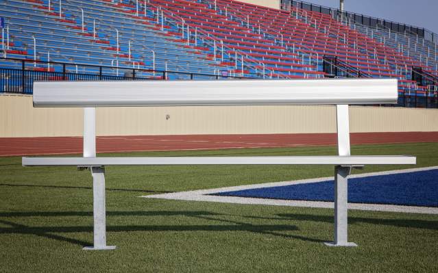 The Maverick Team Bench, which can be bolted to a concrete slab, made by Southern Bleacher.