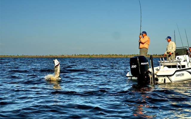 Three people on a small boat with one reeling in a tarpon in a tournament on  Charlotte Harbor