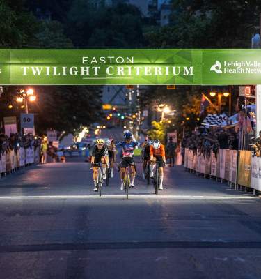 Riders race to the finish at Easton Criterium in Easton, Pa.