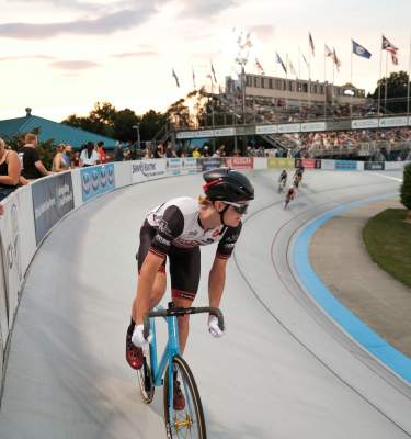 An adult cyclist rides at Valley Preferred Cycling Center, Lehigh Valley PA