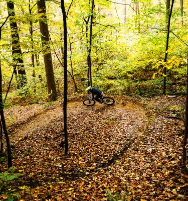 A mountain biker rides trails at Salisbury Walking Purchase Park in Lehigh Valley, PA