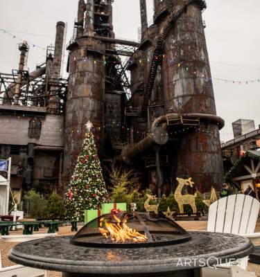 A firepit and seating in front of the SteelStacks at Christkindlmarkt in Bethlehem, Pa.