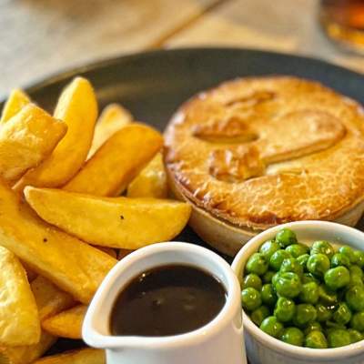 Pie, chips and gravy at pub in the New Forest
