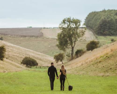 A couple with their dog walking on the Yorkshire Wolds