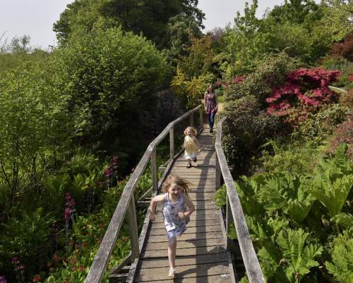 Girls running across the bridge at Furzey Gardens in the New Forest