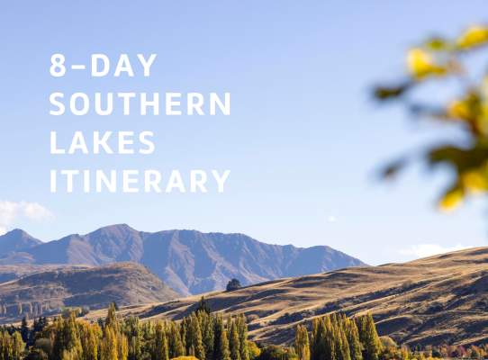 Cover page for an 8 day Southern Lakes Itinerary with a lake and beautiful autumn background and mountains