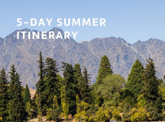 The front cover of a trade itinerary that says '5-day summer itinerary' with a summary image of the lakefront in Queenstown with the Remarkable Mountains in the background and KJet jetboat on the lake in the foreground
