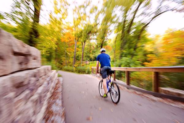 Man rides bike in opposite direction of the camera. Fast-mostion makes the surrounding trees and paved path blurred.