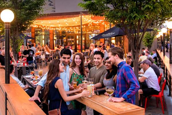 The Eagle's patio occupies a vibrant corner of Mass Ave and is a favorite for those seeking southern cooking and city vibes.