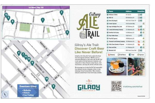 Gilroy’s Ale Trail: Discover Craft Beer Like Never Before! 
Embark on the Gilroy Ale Trail to explore the finest local and regional craft beers. Whether you’re a seasoned enthusiast or new to the craft, the Ale Trail is your guide to the best taprooms, breweries, and restaurants in Gilroy. Discover unique flavors, meet local brewers, and enjoy the vibrant craft beer scene.
We encourage you to enjoy the Ale Trail responsibly! Use rideshare services, designate a driver, or take advantage of local transportation. Many locations welcome outside food or have food trucks available.

Alehouse & Bistro - 707 First St 
BBQ 152 - 8295 Monterey Rd
Brew City Burgers - 1425 First St Suite 101
Covale Taproom - 7534 Gourmet Alley
High and Mighty Pizza Joint - 7661 Monterey Rd
Lonely Oak Brewing Company - 7373 Monterey Rd
Overflow Craft Eatery - 7529 Monterey Rd
Pop’s Public House - 1300 First St 
Pour Me Taproom - 7499 Monterey Rd
Promised Land Brewing Company - 7419 Monterey Rd
Settle Down Brewery & Taproom -  7515 Monterey Rd
Vines and Pints - 7511 Monterey Rd
Westside Grill - 8080 Santa Teresa Blvd

Revised 3/24/2026