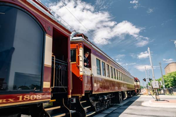 Grapevine Vintage Railroad arriving at Historic Stockyards Station