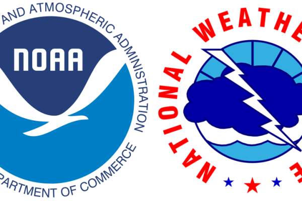 Two round logos, side by side. On the leaft is the National Oceanic and Atmospheric Administration blue logo, and on the right is the red and blue National Weather Service logo.
