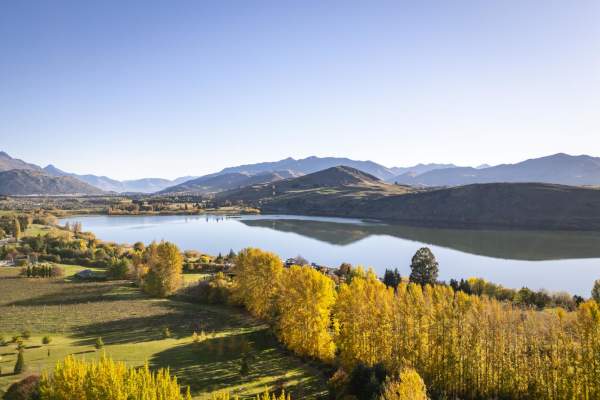 An aerial shot of Lake Hayes on an autumn day