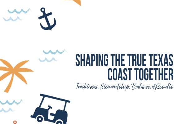 White image with various beachy icons on it. Text on top reads "Shaping the True Texas Coast Together."