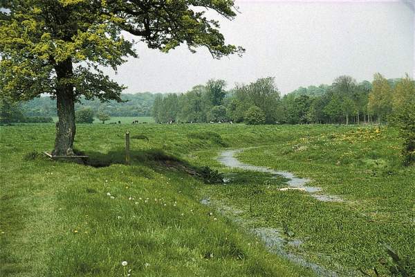 View across field near source of River Thames