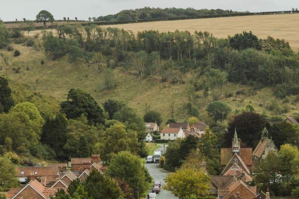 A view of Thixendale village and surrounding fields from a higher position.