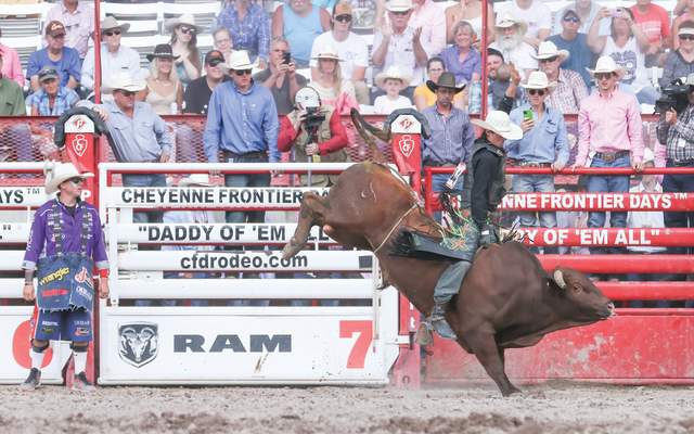 A rodeo athlete rides a bull in the world famous Cheyenne frontier Days arena