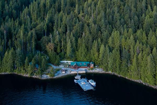 An aerial view of Klahoose Wilderness Resort.