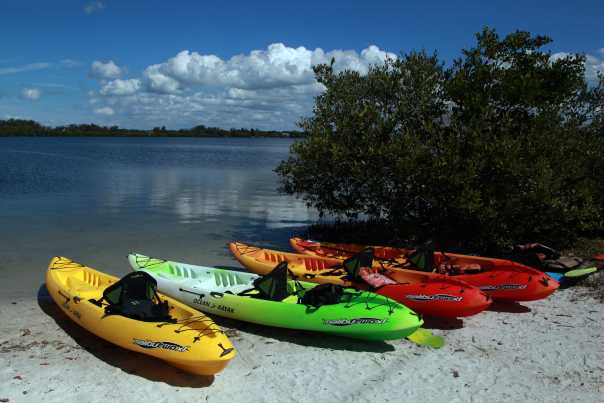 Rental kayaks ready to head out to the Robinson Preserve at the Surfer Bus kayak concession at the west end of the Palma Sola Scenic Highway. in Bradenton.