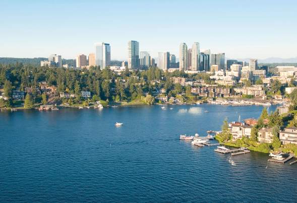 Bellevue, Washington, aerial view a wealthy neighborhood along the shoreline of Lake Washington and downtown Bellevue