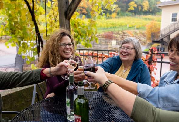 A group of white women cheersing their glasses of wine while sitting on a patio with fall colored trees behind them.
