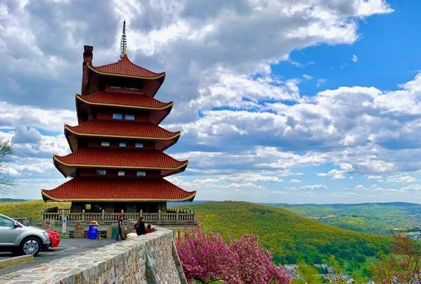 Pagoda with Cherry Blossoms in the foreground