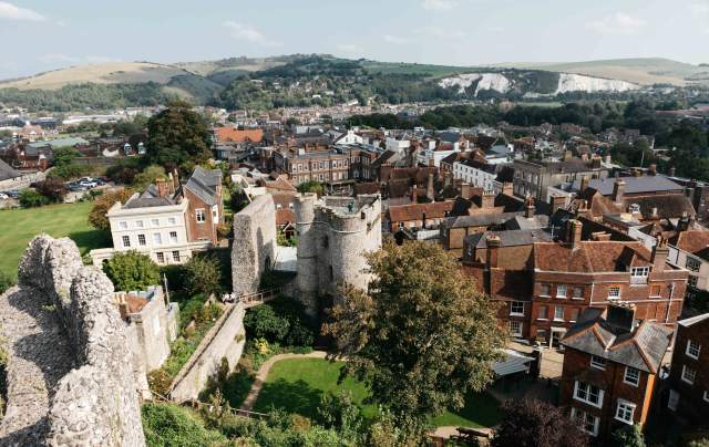 Aerial shot of Lewes with castle and grounds in view