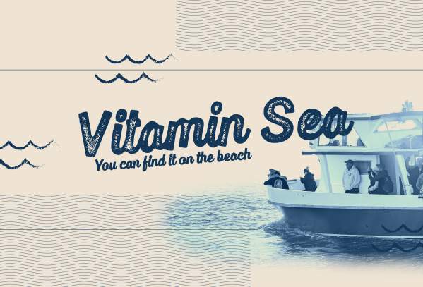Light blue wash header with a boat. Text reads, "Vitamin Sea. You can find it on the beach."