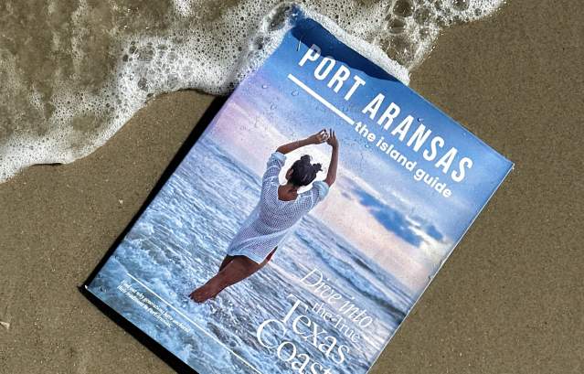 The island guide book in the sand with a wave going over top.