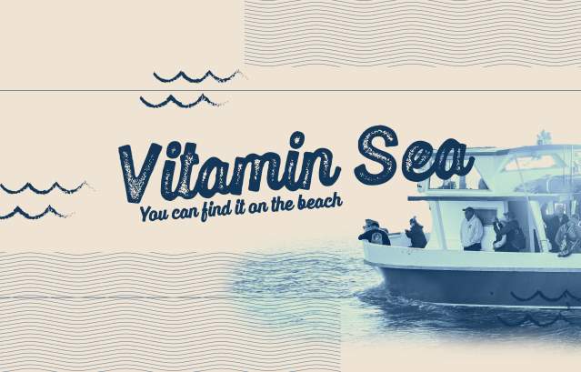 Light blue wash header with a boat. Text reads, "Vitamin Sea. You can find it on the beach."